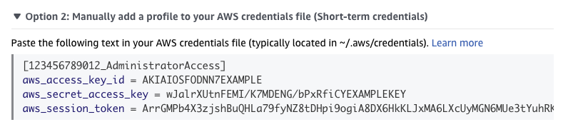 AWS screen showing Option 2 credentials
