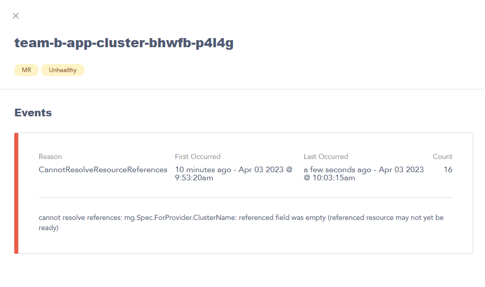 Use control plane explorer view to view events for an MR